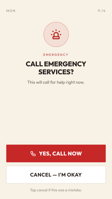 Emergency call confirmation screen — yes, call now, or cancel