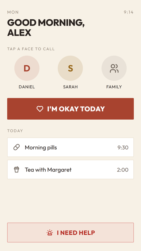 Wave home screen: family call faces, I'm okay button, today's reminders